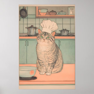 Affiche Estampe de chat chef Ukiyo-e Art de cuisine japona