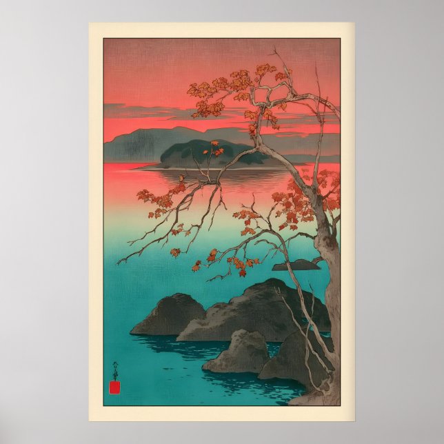 Affiche Estampe de feuilles d'érable de Kawase Hasui Nuit  (Devant)