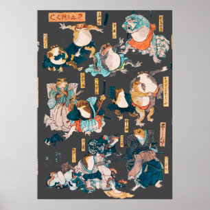 Affiche Estampe japonaise de grenouille sur bois Kuniyoshi