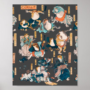 Affiche Estampe japonaise de grenouille sur bois Kuniyoshi