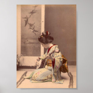 Affiche Estampe japonaise vintage de geisha jouant du sham