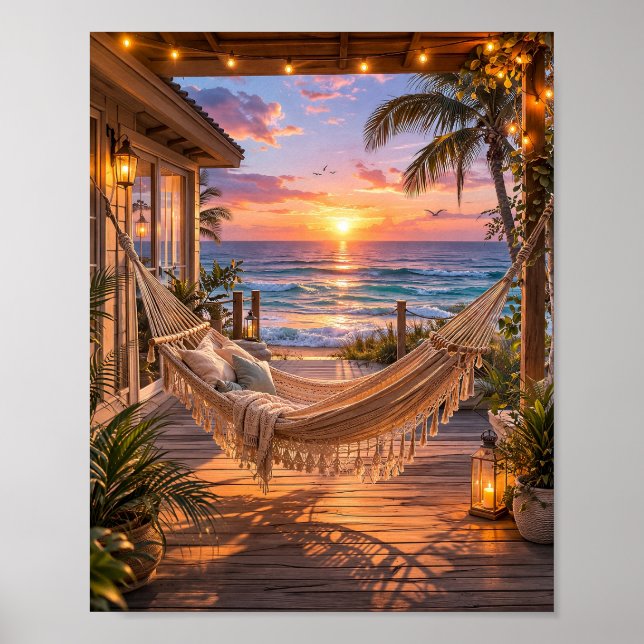 Affiche esthétique de hamac de maison de plage océ (Devant)