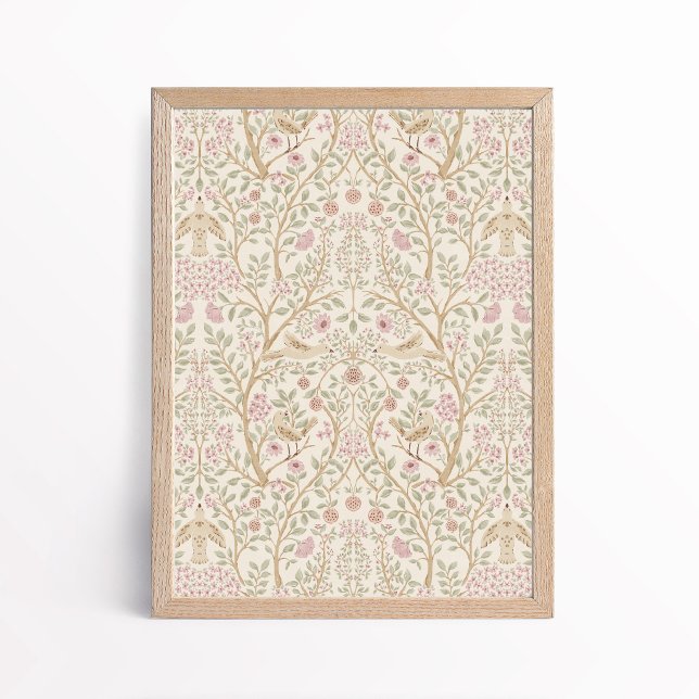 Affiche Esthétique Rose Beige Oiseaux dans les Arbres Bota (Créateur téléchargé)