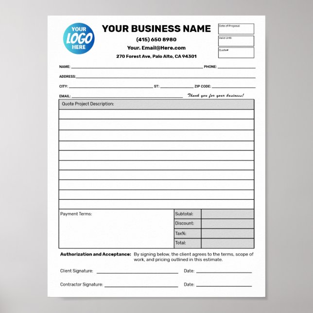 Affiche Estimate Quote Job Proposal Forms Contractor (Devant)