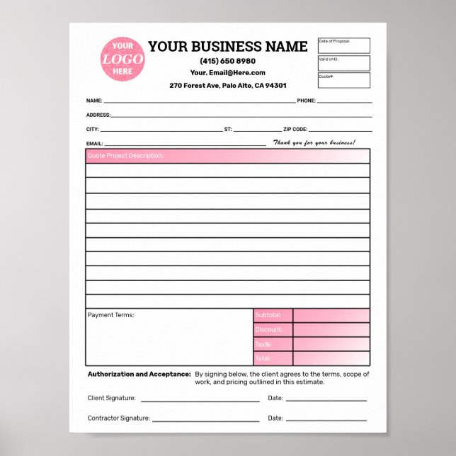 Affiche Estimate Quote Job Proposal Forms Contractor Green (Devant)