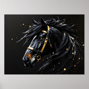 Affiche Étalon noir sur fond noir avec des touches d'or et