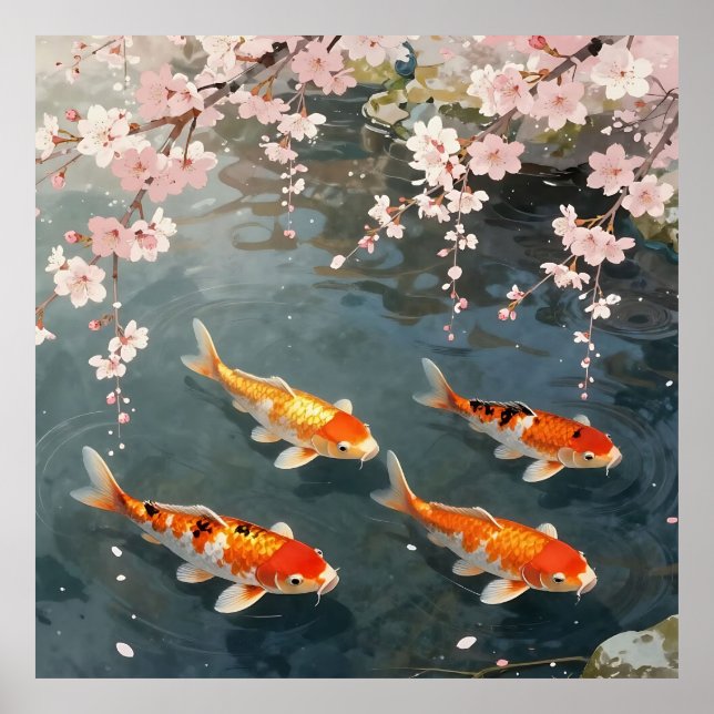 Affiche Étang de carpes à fleurs de cerisier Sérénité (Devant)