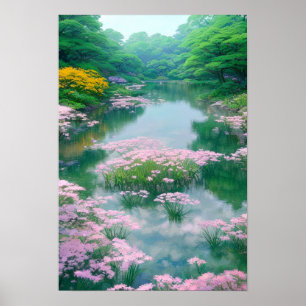 Affiche Étang de fleurs roses