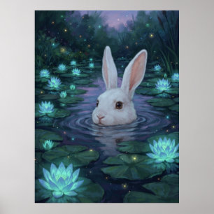 Affiche Étang de nénuphars enchanté aux lapins blancs magi