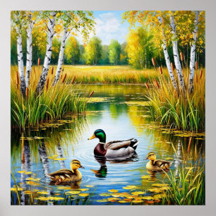 Affiche Étang pittoresque avec canards nageant