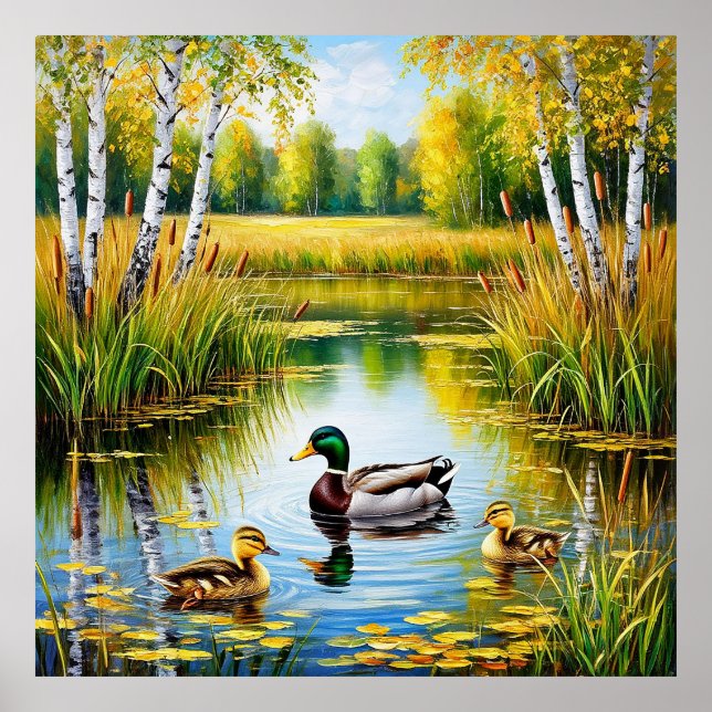 Affiche Étang pittoresque avec canards nageant (Devant)
