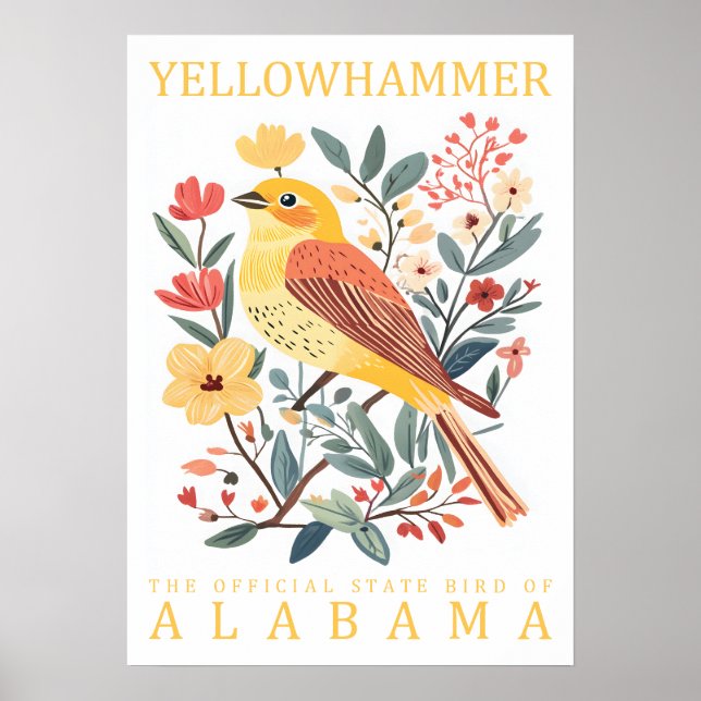 Affiche État d'Alabama Oiseau jaune marteau Botanique Vint (Devant)