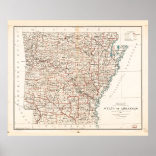 Affiche État de la carte d'Arkansas (1886)
