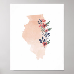 Affiche État de l'Aquarelle Florale de l'Illinois