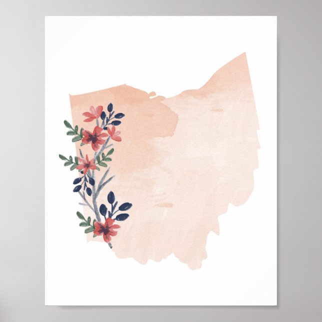 Affiche État de l'aquarelle florale de l'Ohio (Devant)