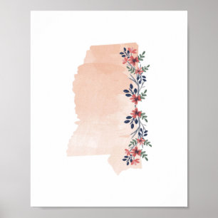 Affiche État de l'aquarelle florale du Mississippi
