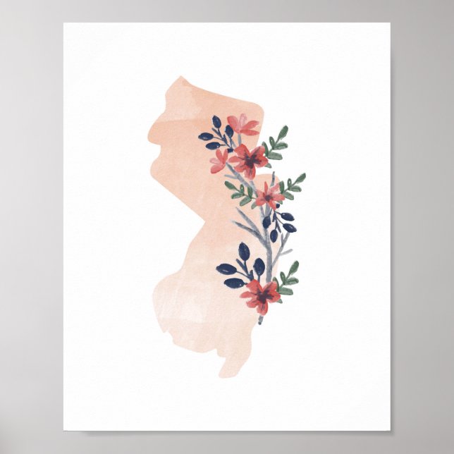 Affiche État de l'aquarelle florale du New Jersey (Devant)