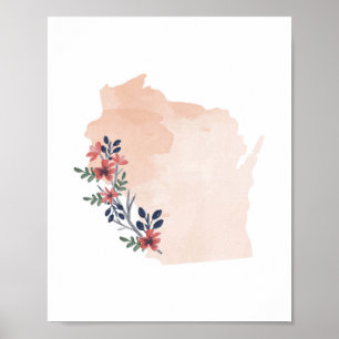 Affiche État de l'aquarelle florale du Wisconsin