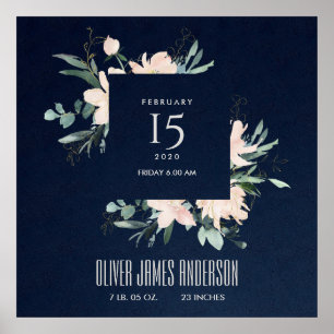 AFFICHE ÉTAT DE NAISSANCE DE BÉBÉ EN COULEUR D'EAU FLORALE