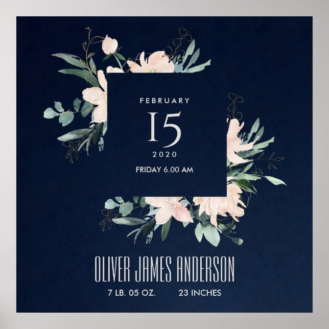 AFFICHE ÉTAT DE NAISSANCE DE BÉBÉ EN COULEUR D'EAU FLORALE (Devant)