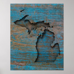Affiche État du Michigan, sculpté en bois rustique