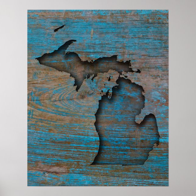 Affiche État du Michigan, sculpté en bois rustique (Devant)