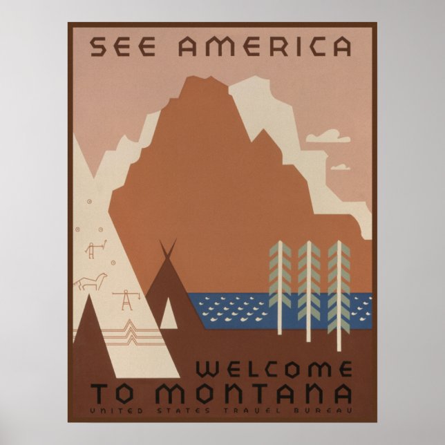 Affiche État du Montana : Tribus indiennes, Montagnes, Pra (Devant)