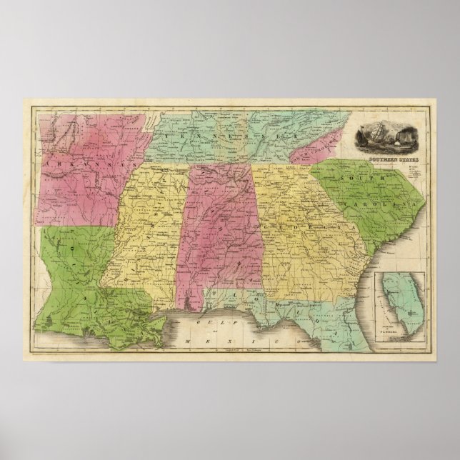 Affiche États du sud avec partie sud de la Floride (Devant)