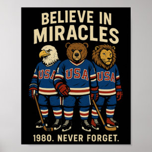 Affiche États-Unis 1980 Hockey sur glace Rétro Animaux