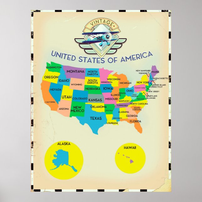 Affiche États-Unis d'Amérique Style vintage Carte (Devant)
