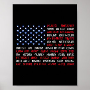Affiche États-Unis Drapeau américain Tous les 50 noms d'Ét