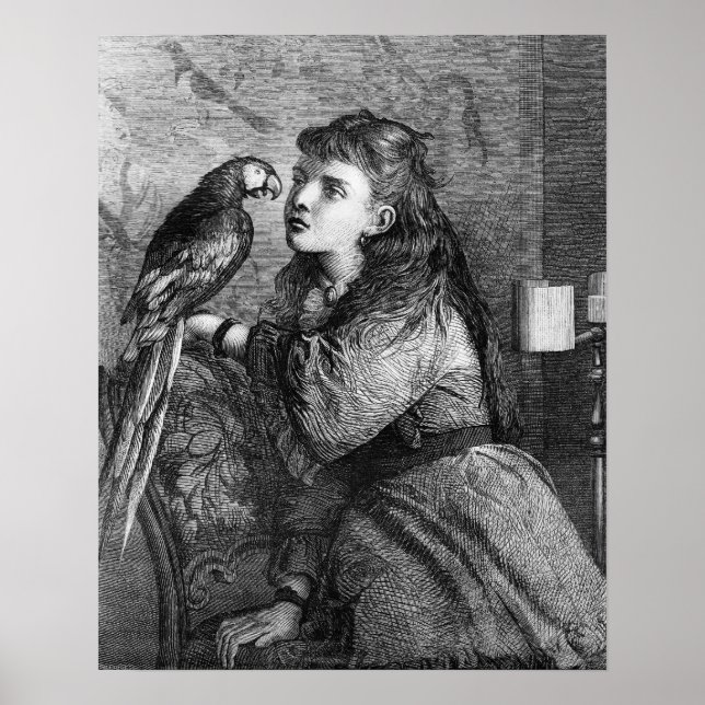 Affiche Etching vintage pour filles et perroquets (Devant)