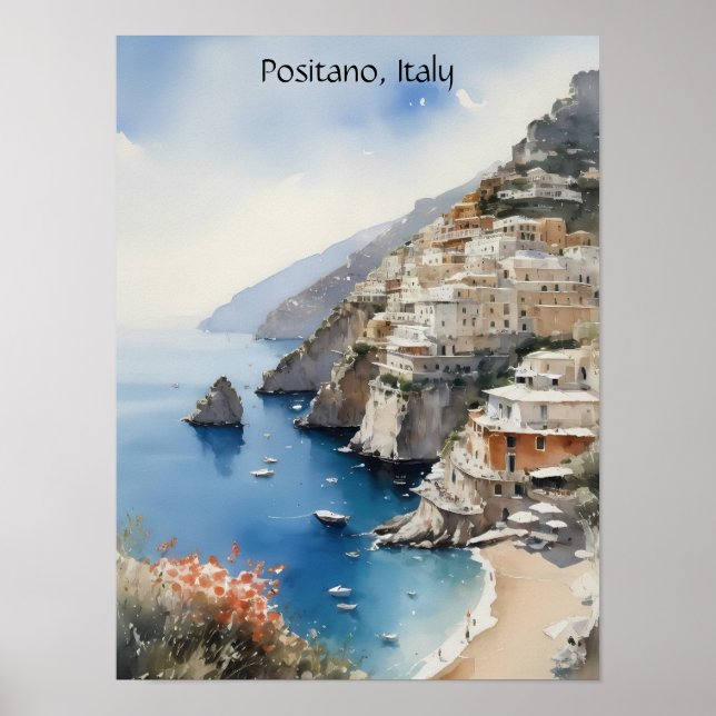 Affiche Été à Positano Italie Illustration aquarelle (Devant)