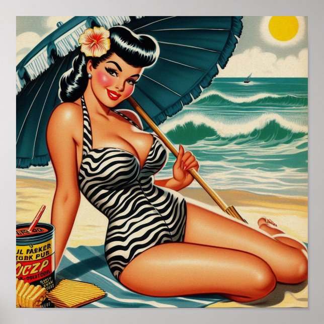 Affiche Été Chaud Plage Été Pin-up (Devant)