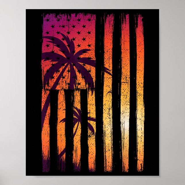 Affiche Eté Coucher de soleil Palmiers drapeau américain C (Devant)