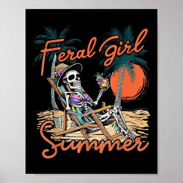 Affiche Été de fille sauvage Mème drôle squelette plage Ha (Devant)