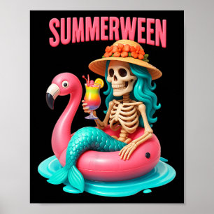 Affiche Eté entre Sirène Squelette Flamant rose Halloween