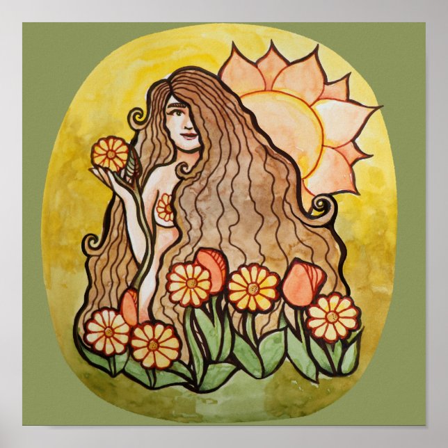Affiche Été Sunshine Goddess Sunflower Jardin Vert (Devant)