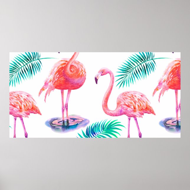 Affiche Été tropical avec flamants roses feuilles de palmi (Devant)