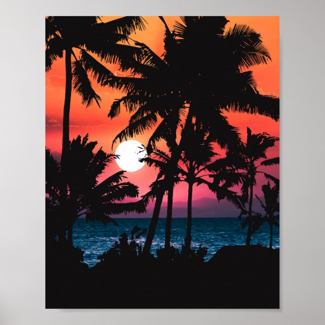 Affiche Été Tropical Pink Orange Palm Trees coucher du sol (Devant)