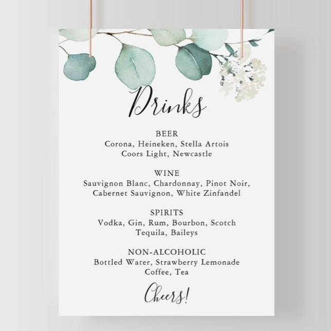 Affiche Été Vert Eucalyptus Mariage Boissons Menu Signer (Créateur téléchargé)