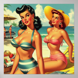 Affiche Été vintage Plage Pin Ups