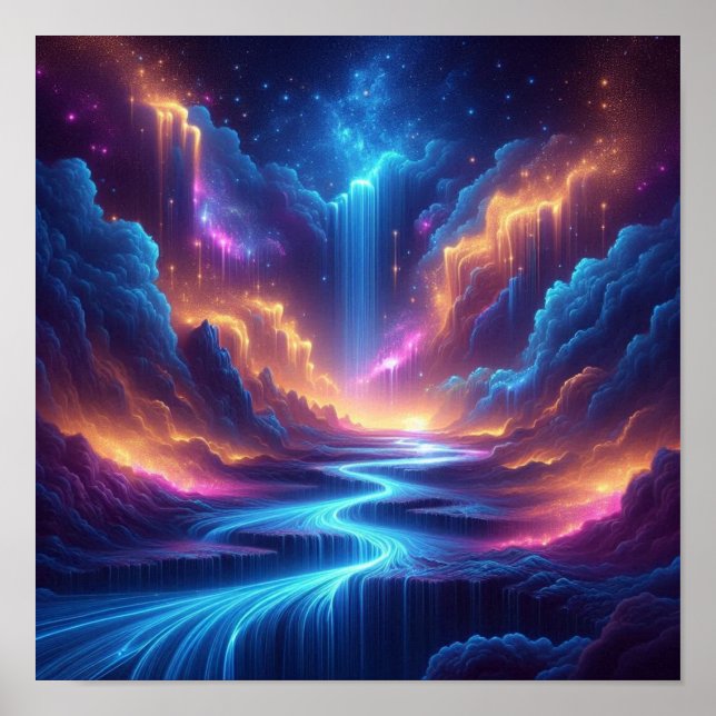 Affiche Ethereal Waterfalls Blending with a Starry Horizon (Devant)
