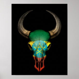 Affiche Ethiopian Flag Bull Skull on Black