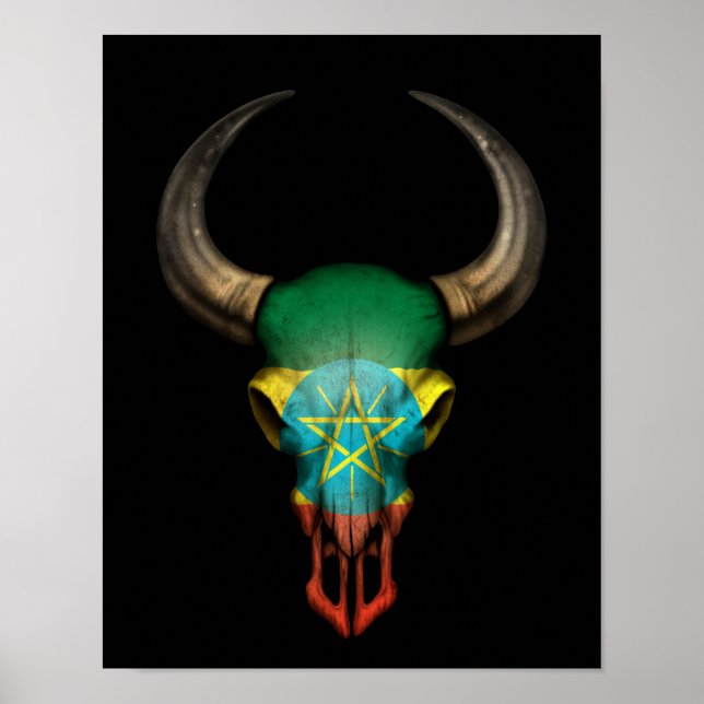 Affiche Ethiopian Flag Bull Skull on Black (Devant)