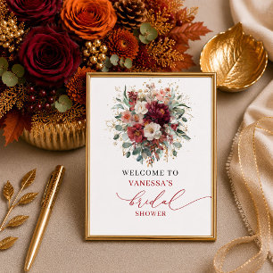 Affiche Étiquette de baby shower bohème chic bordeaux flor