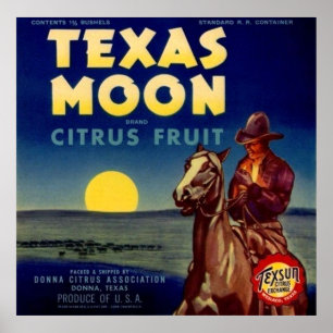 Affiche Étiquette de caisse d'agrumes de lune du Texas