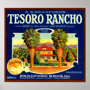 Affiche Étiquette de caisse de fruits de Rancho Tesoro Ora
