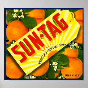 Affiche Étiquette de caisse de fruits Orange Sun-Tag Brand