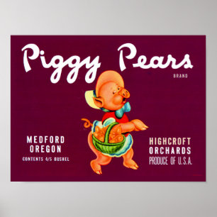 Affiche étiquette de caisse de fruits Poires Piggy des ann